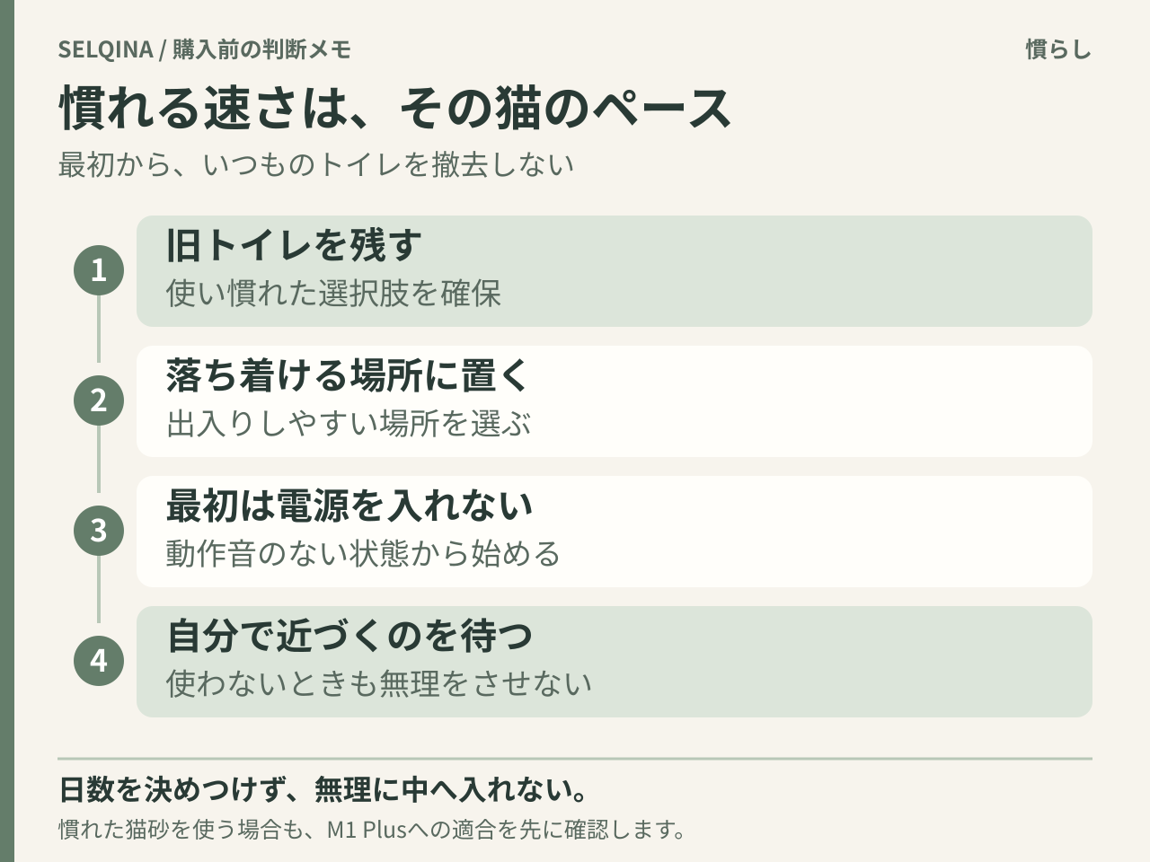 慣らす準備の4項目は、旧トイレを残す、落ち着ける場所に置く、最初は電源を入れない、自分で近づくのを待つ。日数を決めつけず、無理に中へ入れない。慣れた砂でも適合の確認が必要。